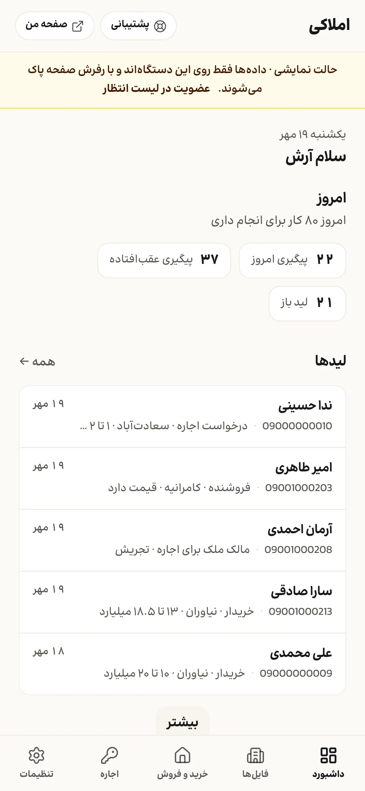 نمای داشبورد پنل املاکی با پیگیریها و آمار روز